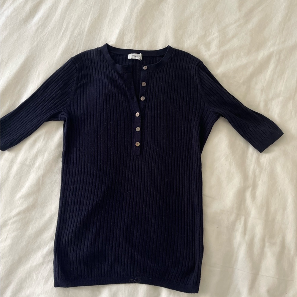Vince Cashmere Blend Ribbed Knit Short Sleeve Henley